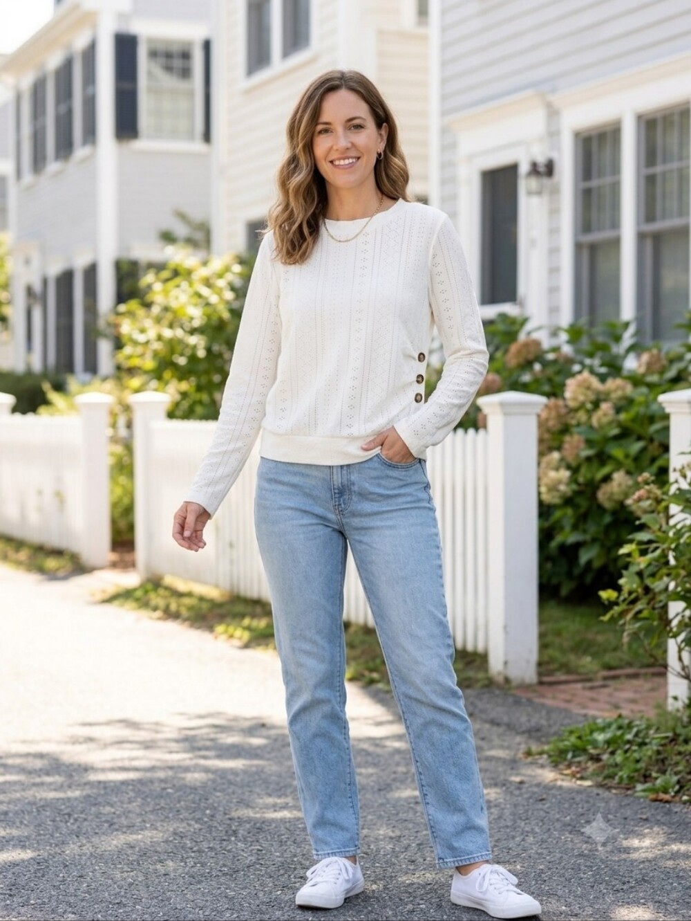 Coastal Grandma Coquette Eyelet Long-Sleeve Top with Side Button Detail - LG